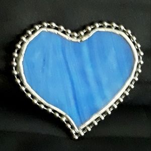 Artisan Made Blue Stained Glass and Pewter Heart Shaped Pin